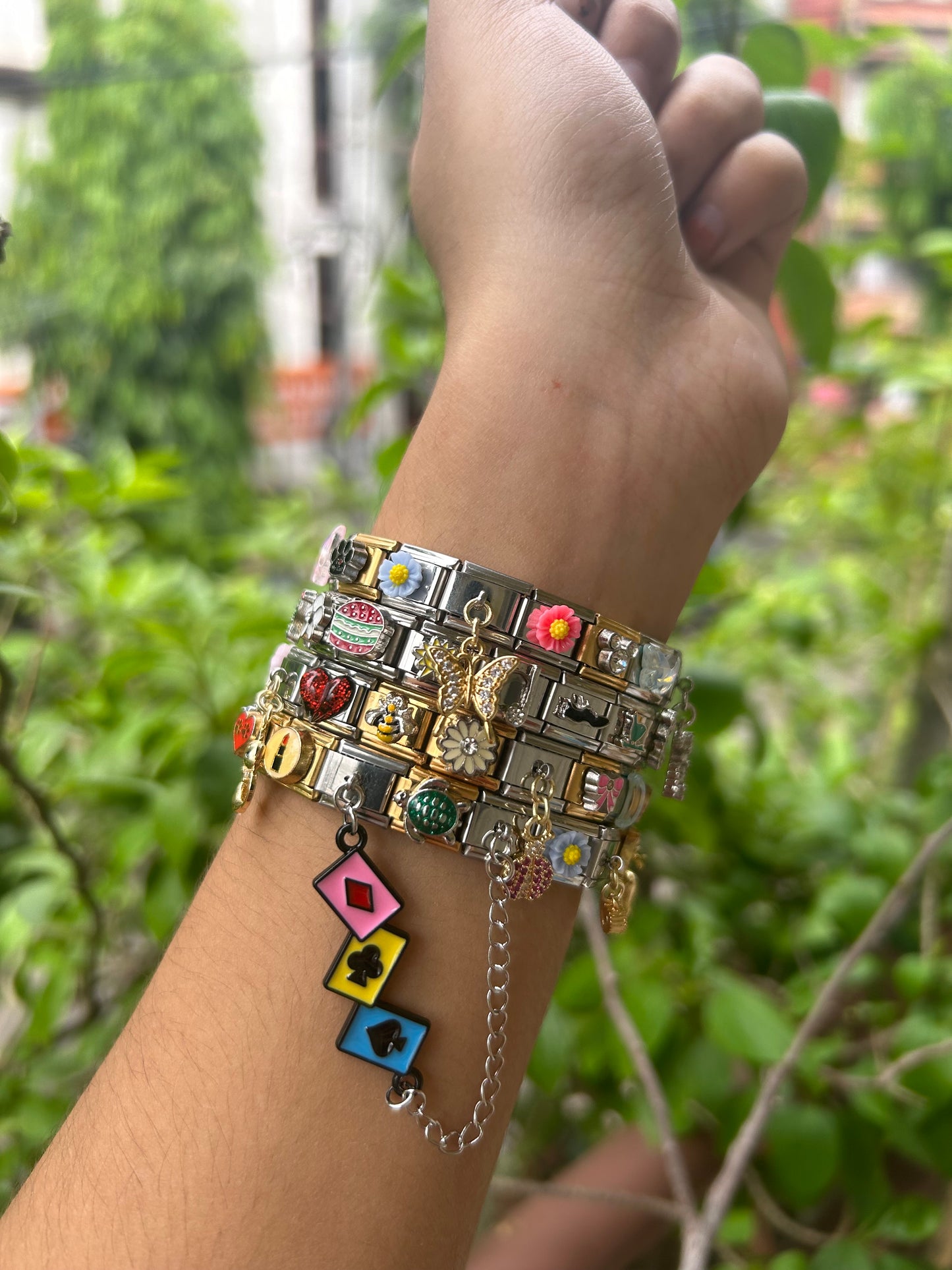 Mixed charm bracelet(plain silver/gold charms, gold/silver element charms/ hanging charms)
