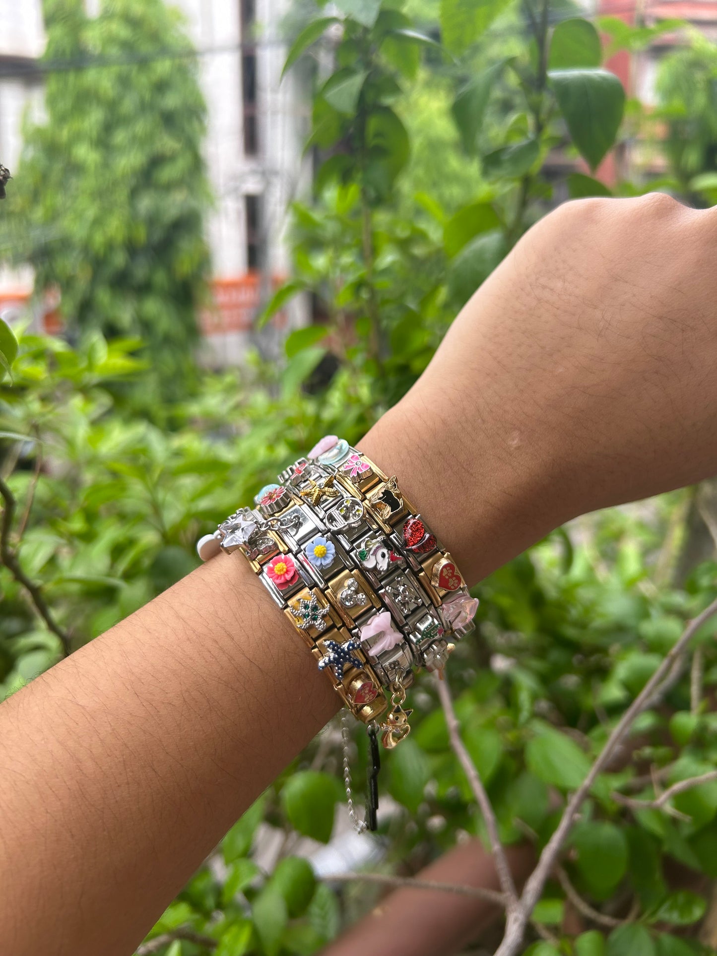 Mixed charm bracelet(plain silver/gold charms, gold/silver element charms/ hanging charms)