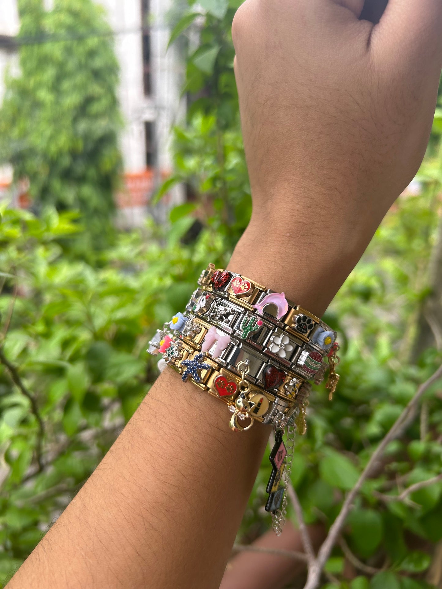 Mixed charm bracelet(plain silver/gold charms, gold/silver element charms/ hanging charms)