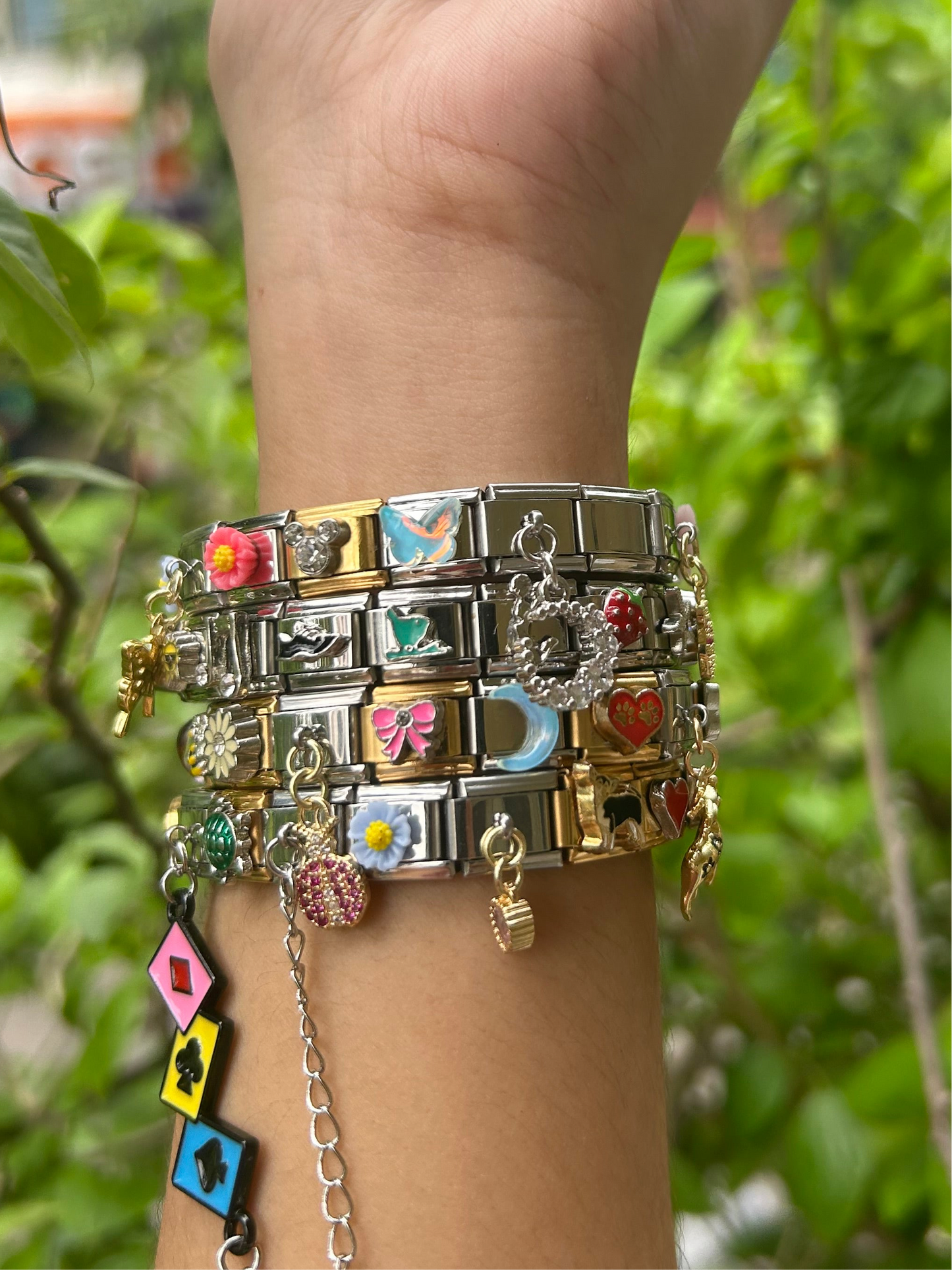 Mixed charm bracelet(plain silver/gold charms, gold/silver element charms/ hanging charms)