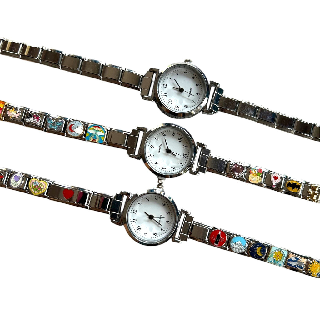 Pretty Gorgeous Stuff Italian charm bracelet band watch silver gold plain product shot