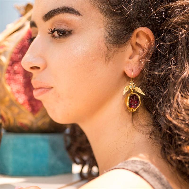 Pretty Gorgeous Stuff Pomegranate Drop Gem Earrings styled on model