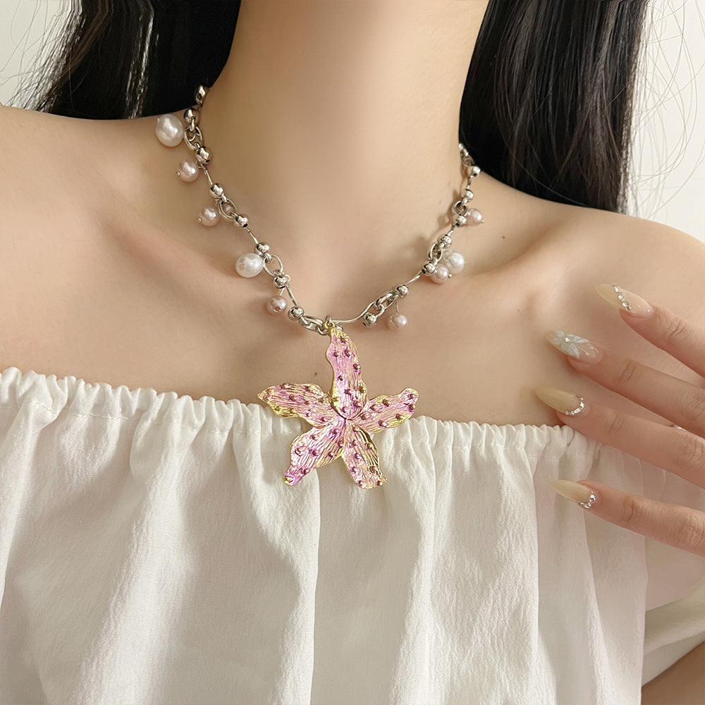 Orchid Pendant Pearl Drop Necklace