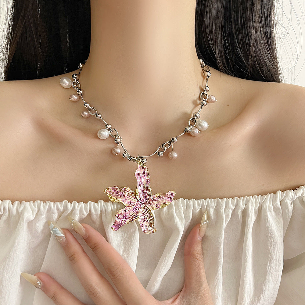 Orchid Pendant Pearl Drop Necklace