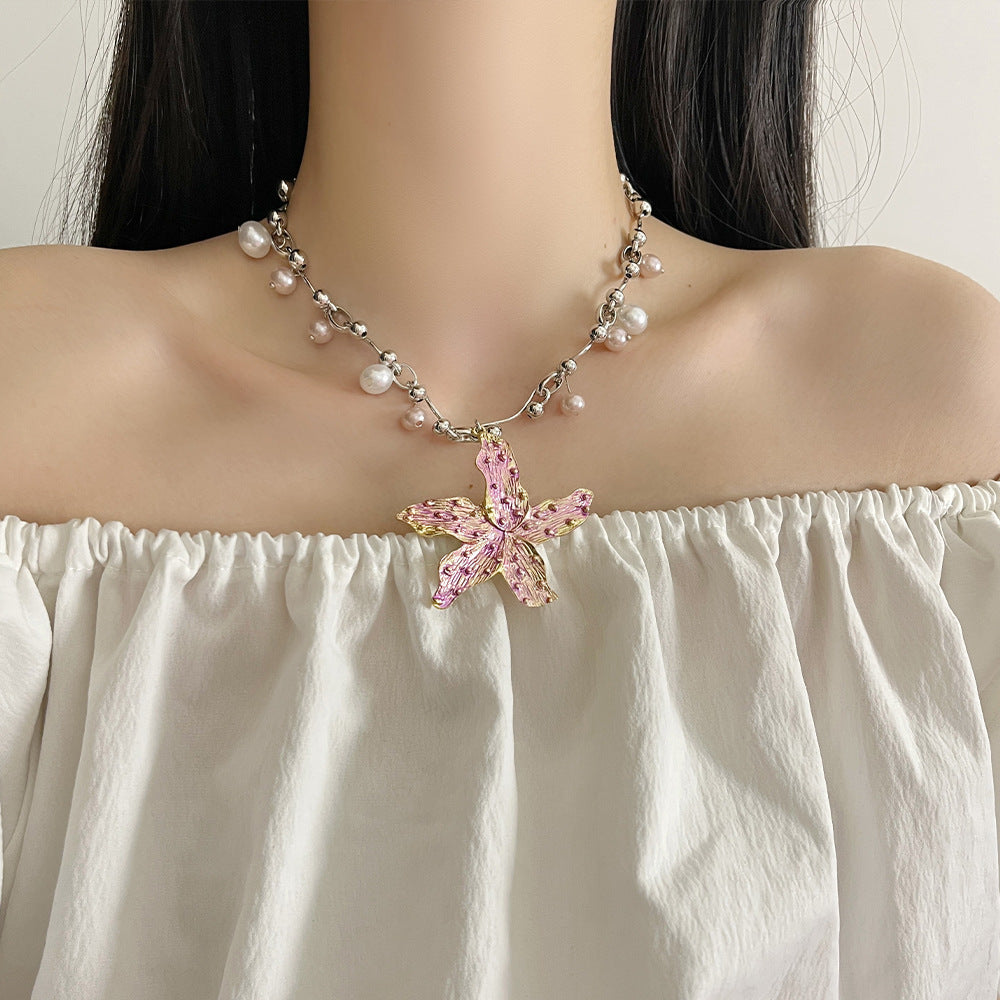 Orchid Pendant Pearl Drop Necklace