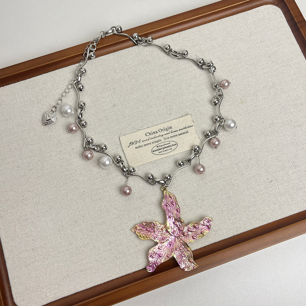 Orchid Pendant Pearl Drop Necklace