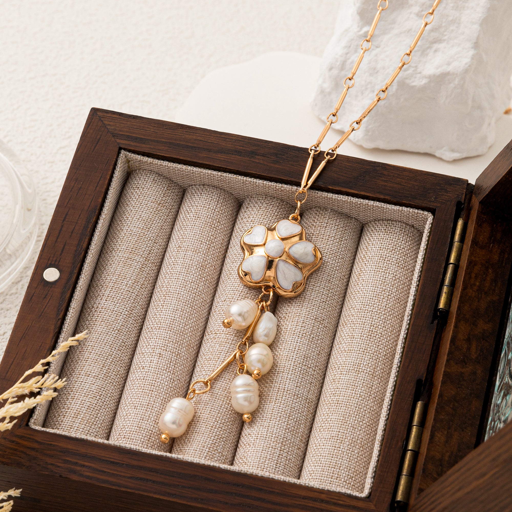 Pretty Gorgeous Stuff Freshwater Pearl Flower Pendant Clavicle Necklace styled close-up