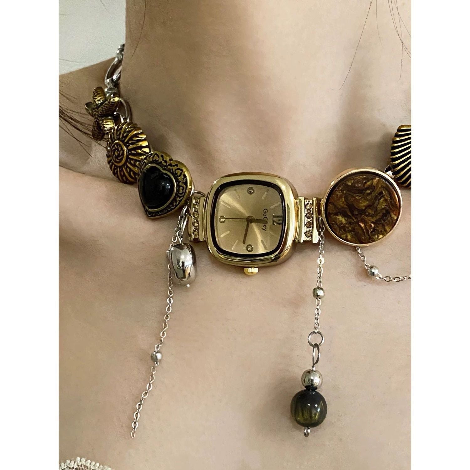 Pretty Gorgeous Stuff Boho Watch Choker styled on model front view