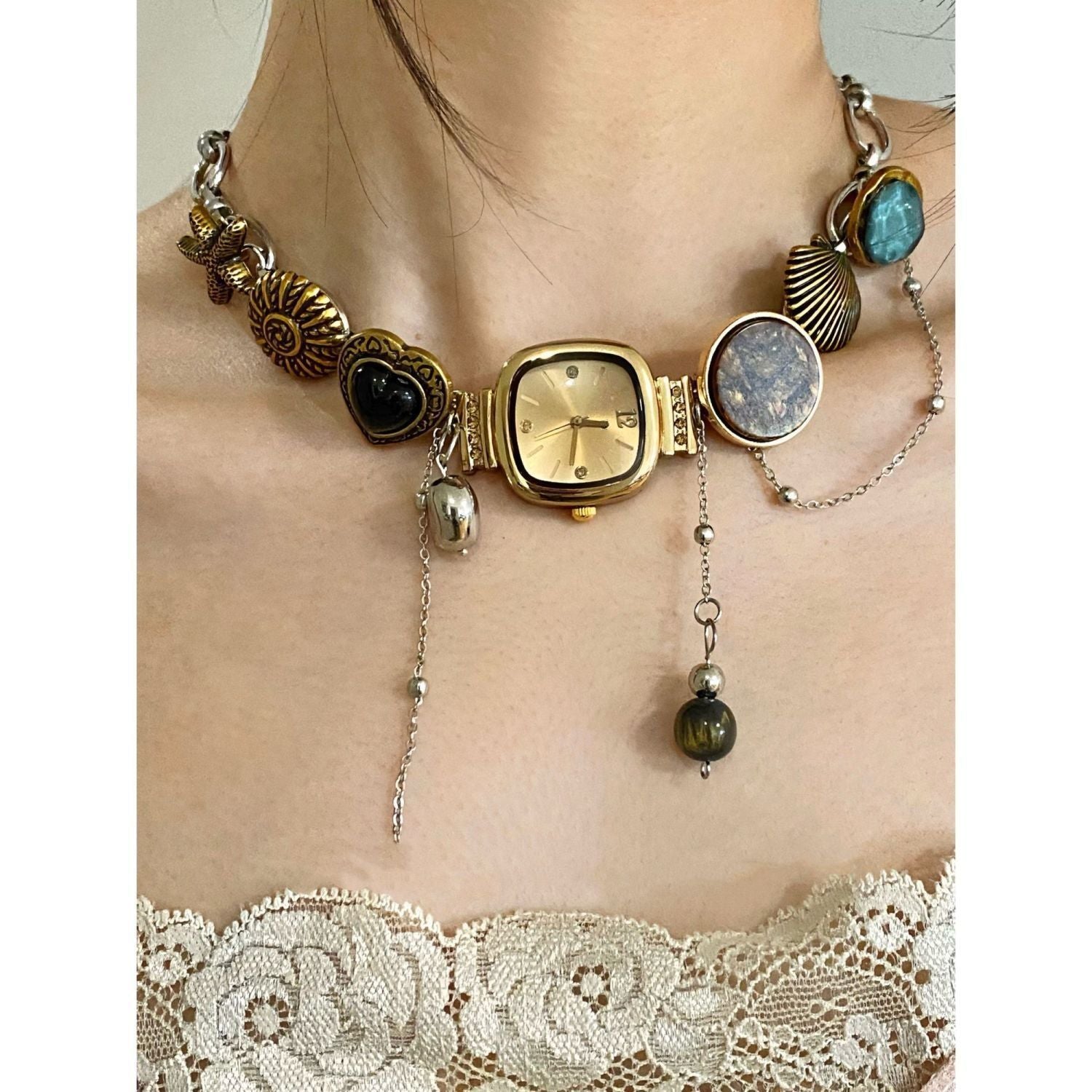 Pretty Gorgeous Stuff Boho Watch Choker styled on model side view