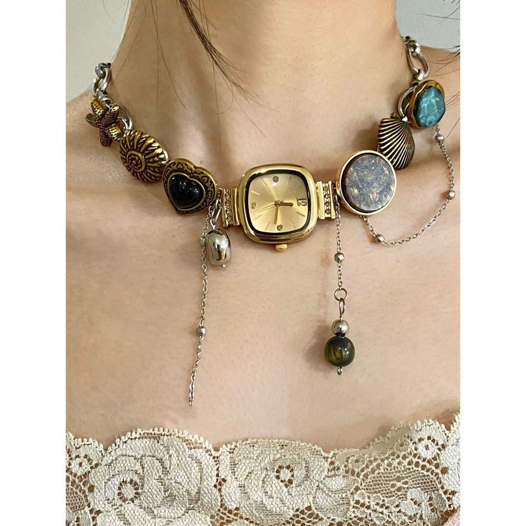 Pretty Gorgeous Stuff Boho Watch Choker handmade clock pendant necklace product shot