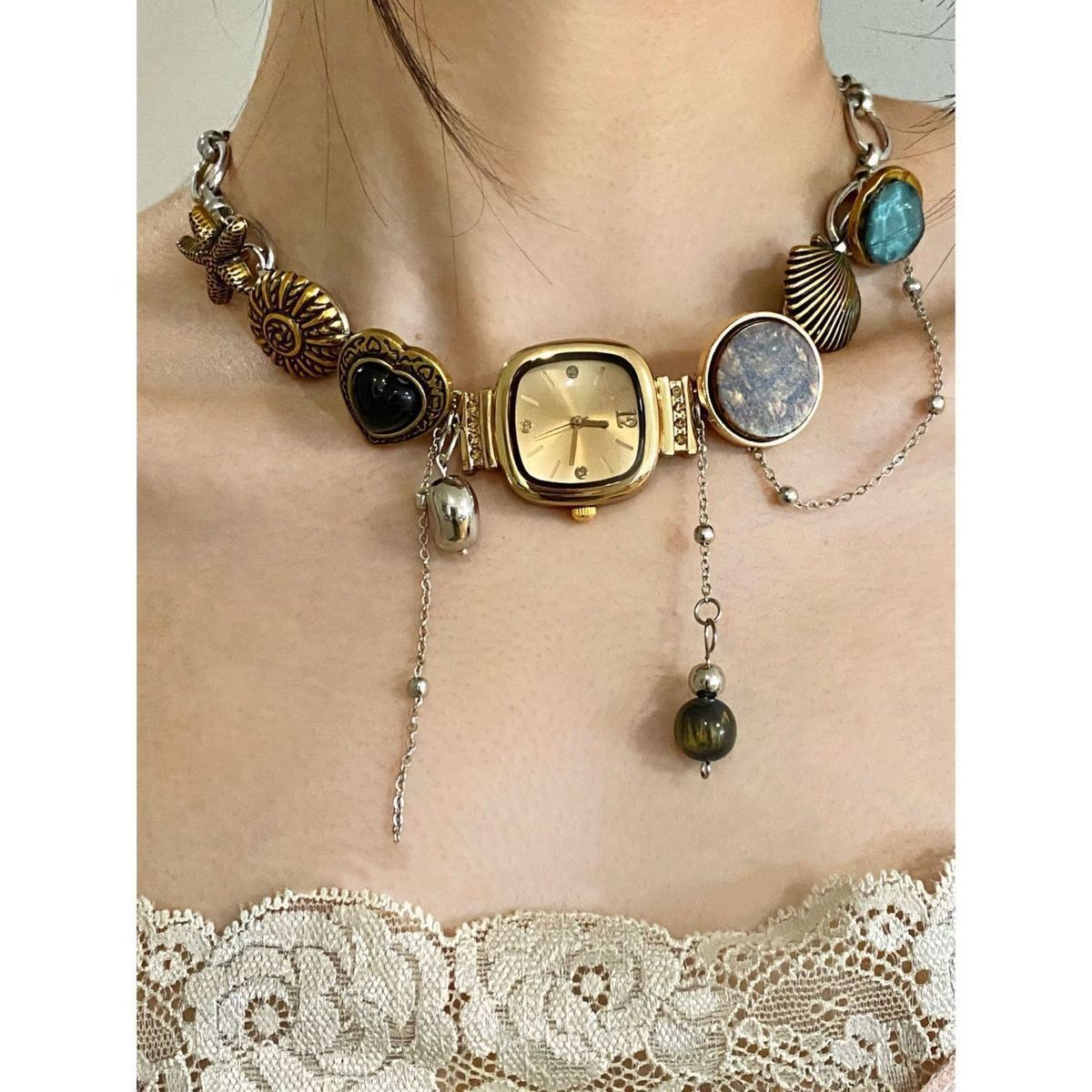 Pretty Gorgeous Stuff Boho Watch Choker handmade clock pendant necklace product shot