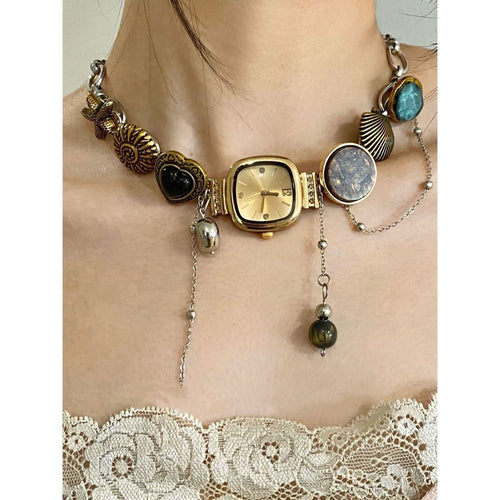 Pretty Gorgeous Stuff Boho Watch Choker handmade clock pendant necklace product shot