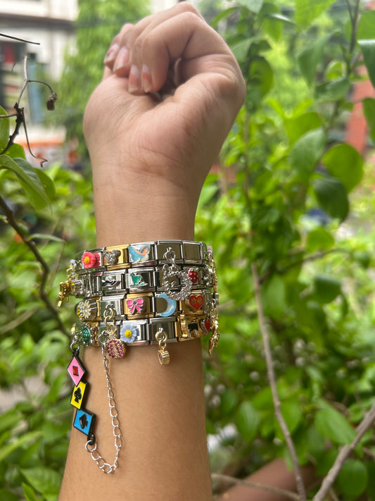 Mixed charm bracelet(plain silver/gold charms, gold/silver element charms/ hanging charms)