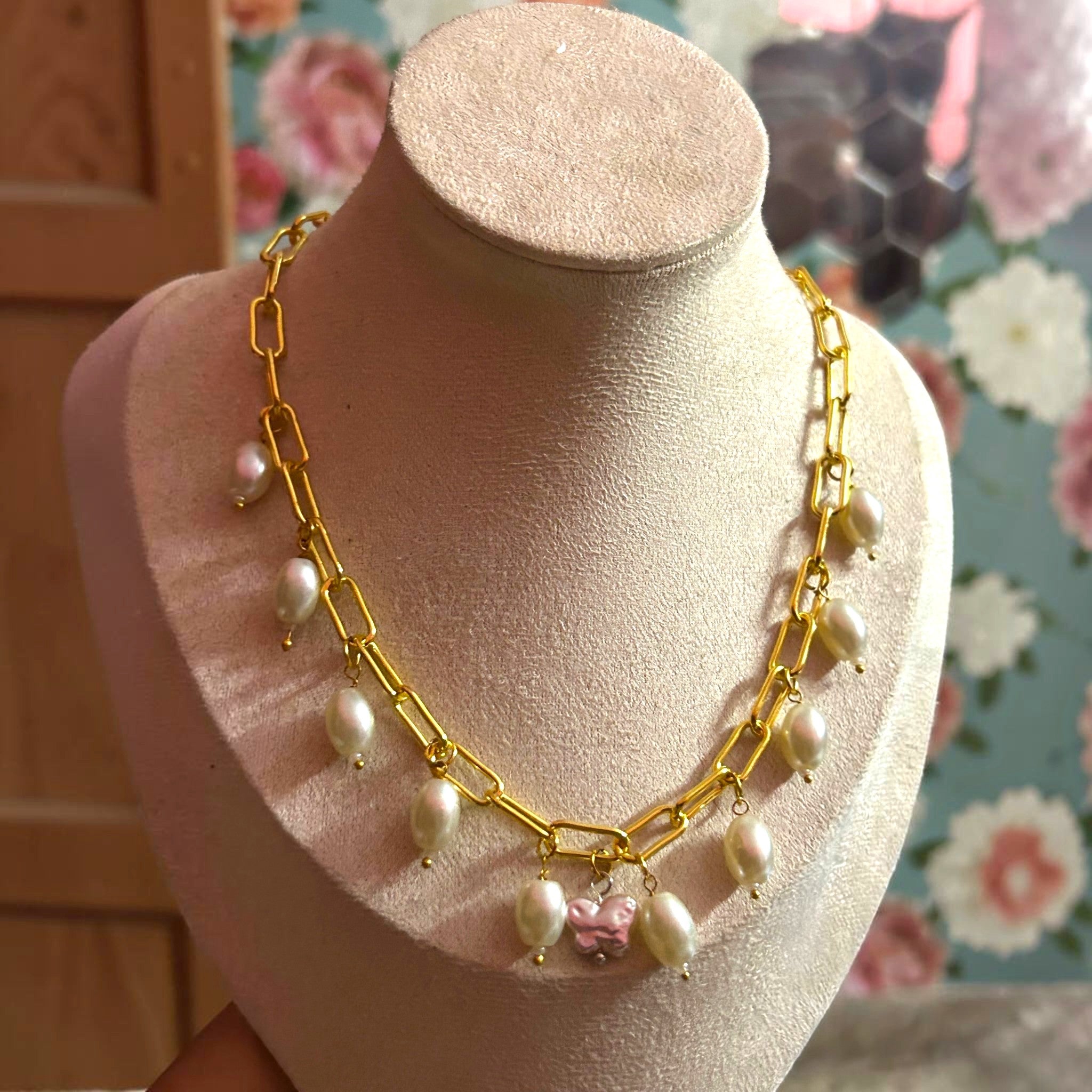 Pretty Gorgeous Stuff pearly charm necklace close-up detail