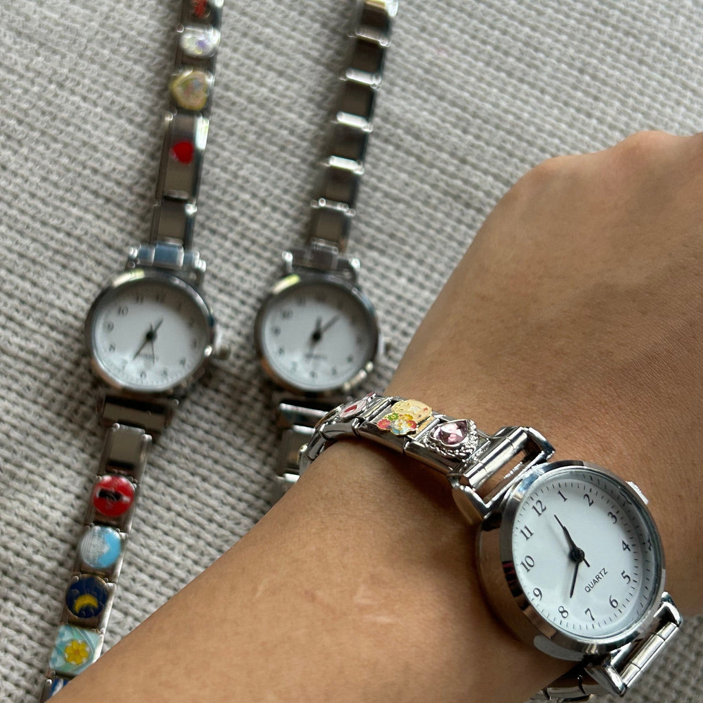 Pretty Gorgeous Stuff Italian charm bracelet band watch silver gold plain styled on wrist