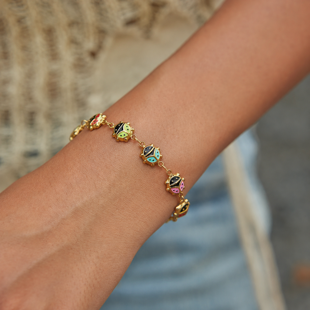 Pretty Gorgeous Stuff Ladybug Bracelet 18K gold plated stainless steel styled shot