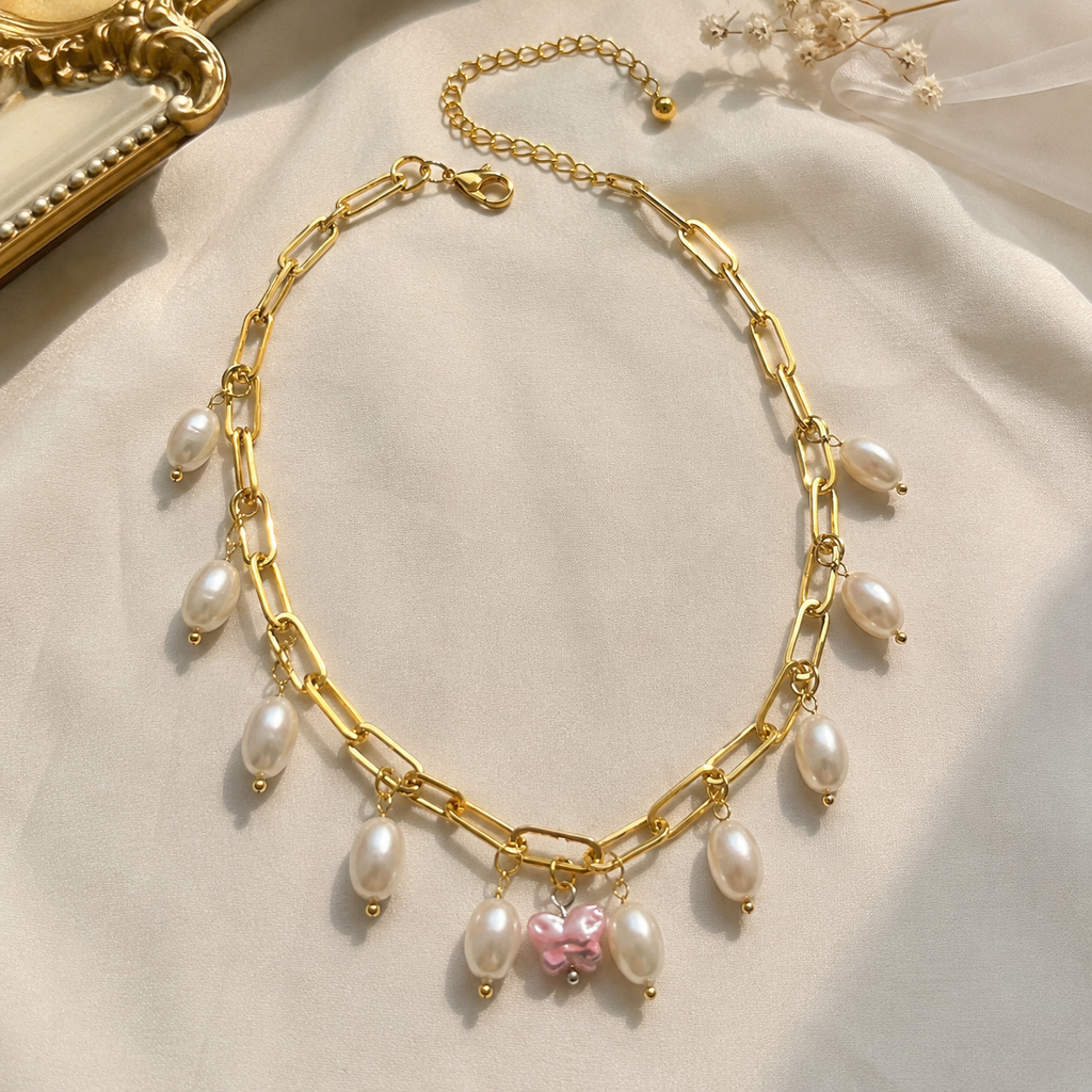 Pretty Gorgeous Stuff pearly charm necklace styled product shot