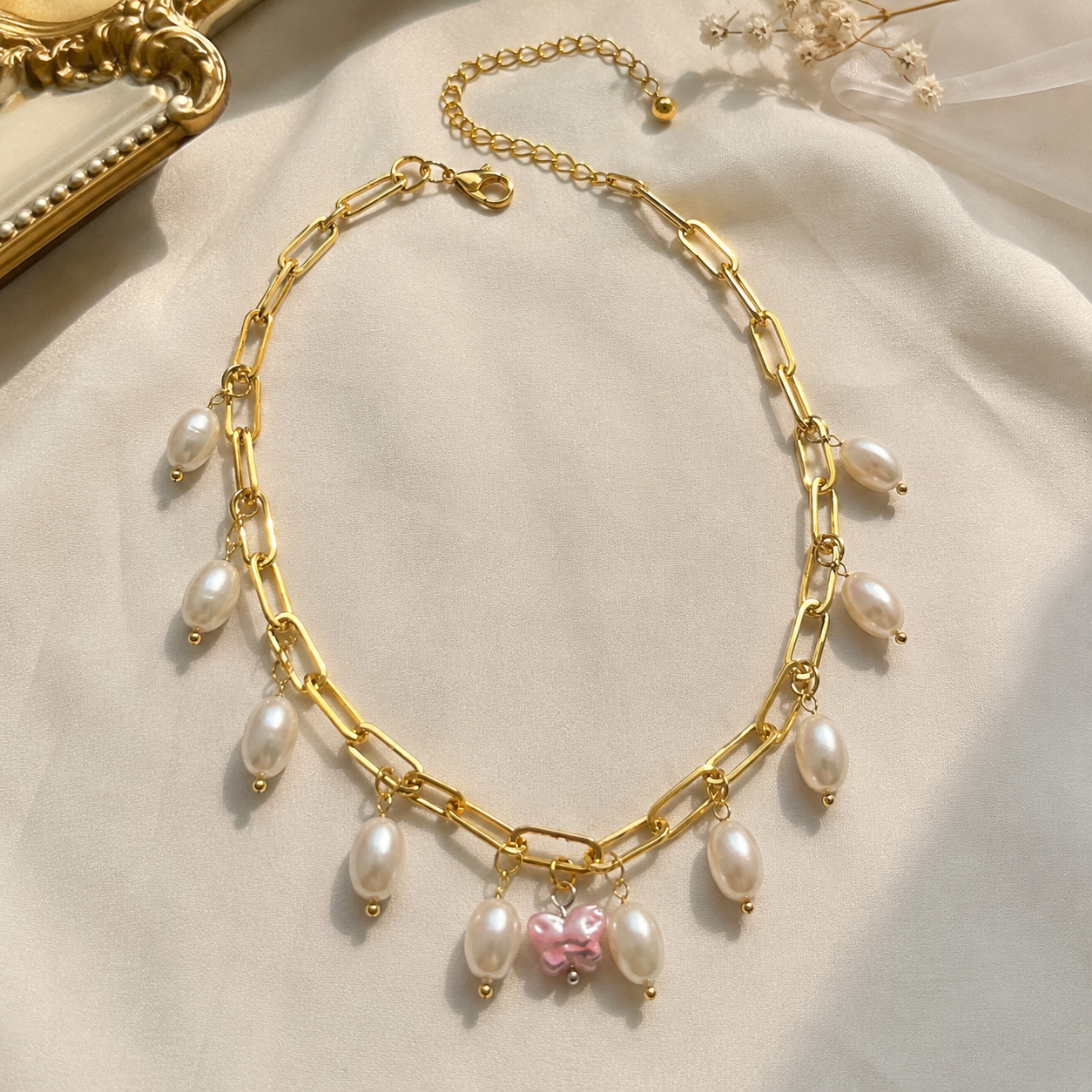 Pretty Gorgeous Stuff pearly charm necklace styled product shot