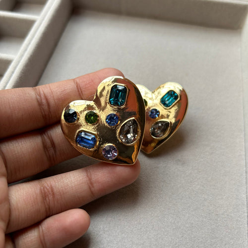 Pretty Gorgeous Stuff bejeweled heart stud earrings close-up