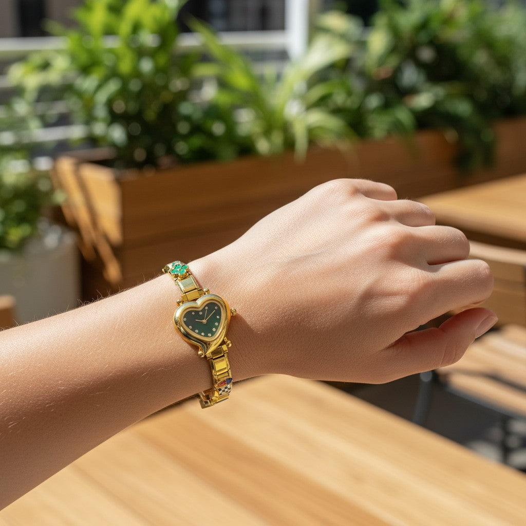 Pretty Gorgeous Stuff gold heart-shaped dial watch with Italian charm band worn on a wrist outdoors.